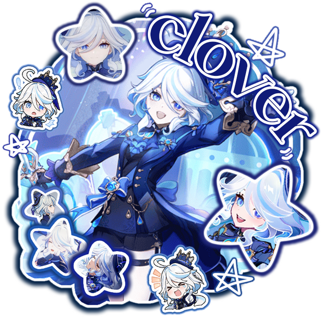 Decorative stars edit of Furina (Genshin Impact) with "Clover" on the top right of the frame